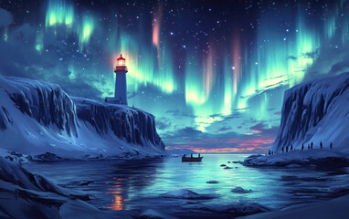 Above the cabin, the vibrant aurora borealis dances across the night sky, accompanied by the fiery hues of a sunset or sunrise.