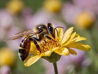Naklejka premium a bee perched on a flower with a blurred background 
