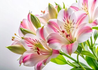 Fototapeta premium Blooming Alstroemeria Lily Macro: Delicate Pink & White Flowers on White Background