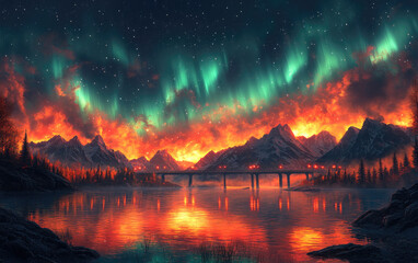 Above the cabin, the vibrant aurora borealis dances across the night sky, accompanied by the fiery hues of a sunset or sunrise.