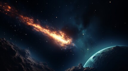 Stellar collision creating vibrant cosmic debris in deep space. Generative AI