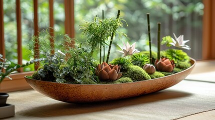 Serene indoor zen garden with bonsai and succulents in a wooden tray display