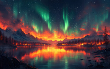 Above the cabin, the vibrant aurora borealis dances across the night sky, accompanied by the fiery hues of a sunset or sunrise.