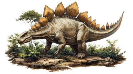 Fototapeta premium Stegosaurus in Prehistoric Landscape: A detailed illustration of a Stegosaurus, a large herbivorous dinosaur with distinctive plates along its back.