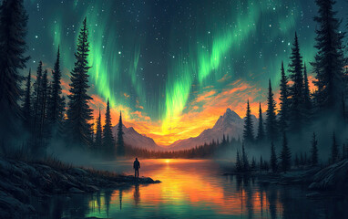 Above the cabin, the vibrant aurora borealis dances across the night sky, accompanied by the fiery hues of a sunset or sunrise.