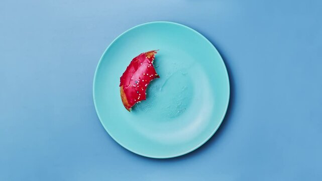 Eating tasty pink donut. Top view of pink doughnut on blue plate. Stop motion of donut bite on blue background. Bakery and food concept in 4K, UHD