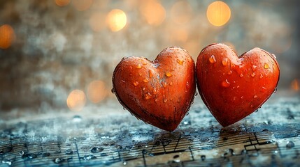 Fototapeta premium Happy Valentines Day Two Hearts Resting on a Table