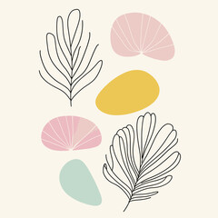 Minimalist illustration with abstract plants and bold colors.
