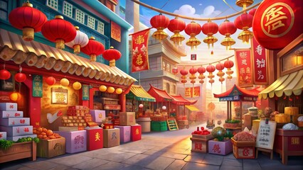 Vibrant Chinese New Year Market with Red Lanterns, Paper Dragons, and Gift Boxes in Traditional Street Setting