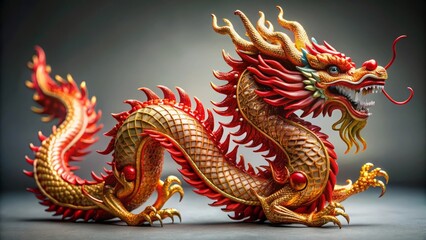 Fototapeta premium Intricately detailed red and gold dragon ornament on a neutral background.