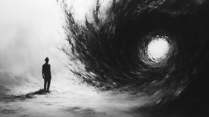 Solitary figure faces swirling dark vortex, light ahead.