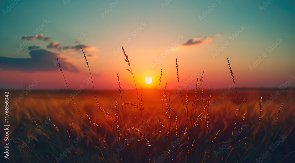 Poster a beautiful sunset over a field with subtle dark blue color palette.