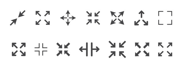 Full screen icon interface menu cursor bitton, application size control pointer. Web ui line navigation maximize or minimaze icon. App arrow. Enter or exit