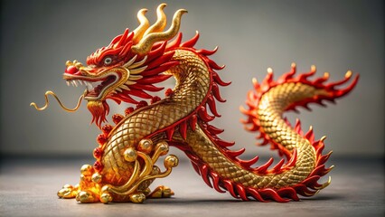 Fototapeta premium Intricately detailed red and gold dragon ornament on a neutral background.