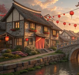 Spring Festival Village at Sunset with Red Lanterns and Stone Bridge