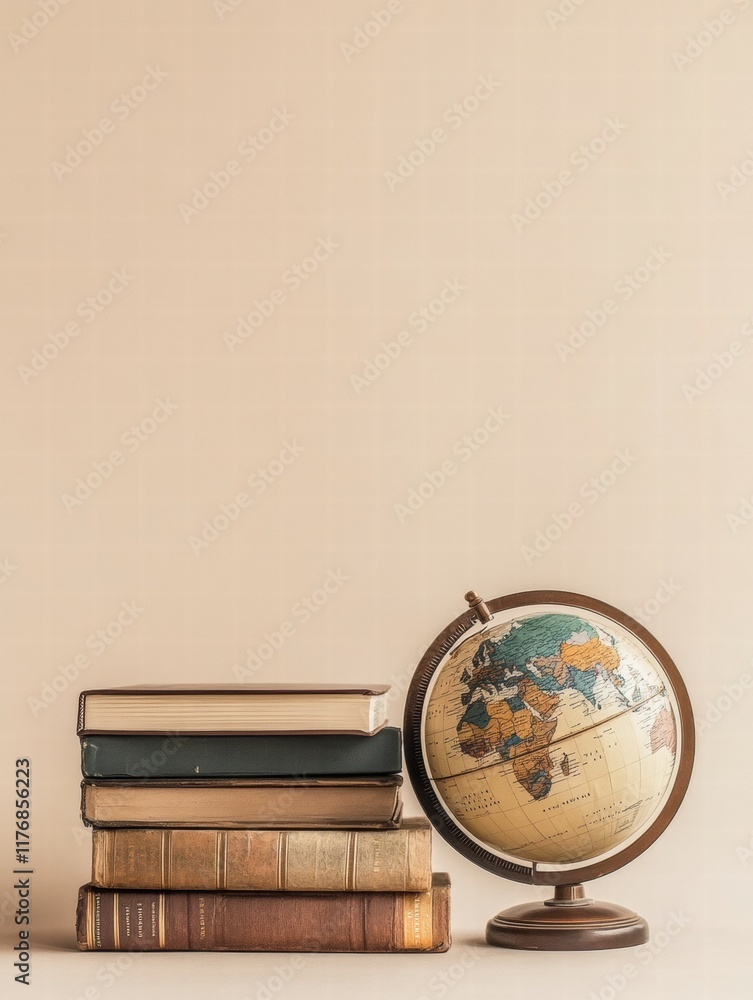 Aufkleber classic globe and stacked travel guidebooks creating an inspiring travel setup for adventure plannin