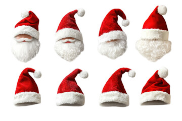 Variety of Santa Claus hats and beards in festive red and white colors for holiday celebrations