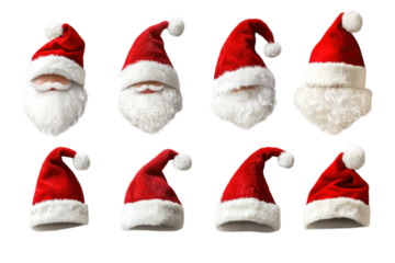 Variety of Santa Claus hats and beards in festive red and white colors for holiday celebrations