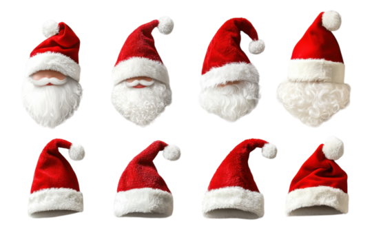 Variety of Santa Claus hats and beards in festive red and white colors for holiday celebrations