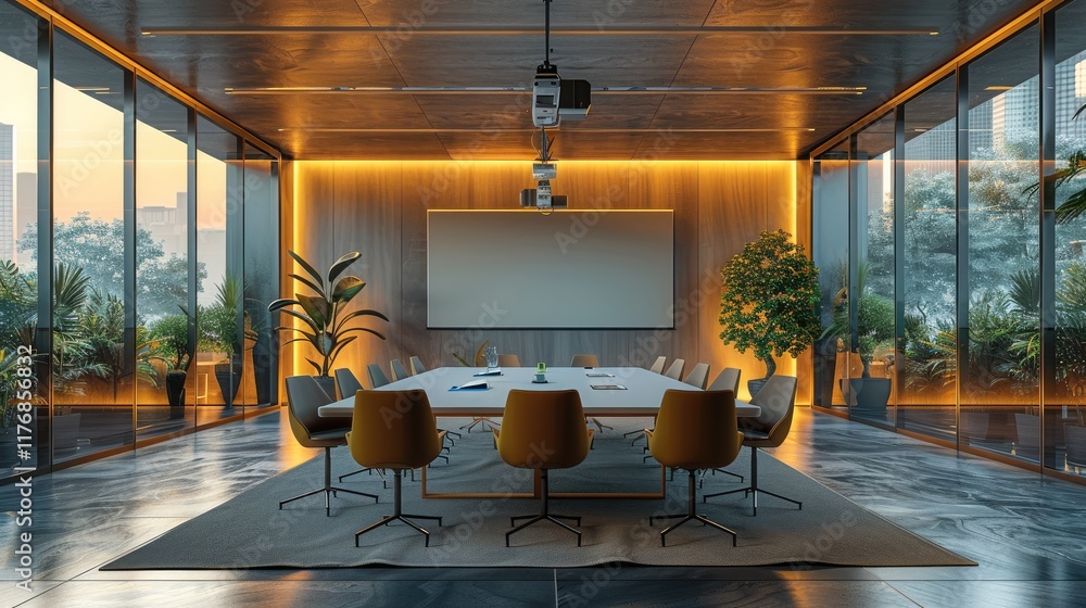 Aufkleber a meeting room with a large projection screen, blank for copy space.