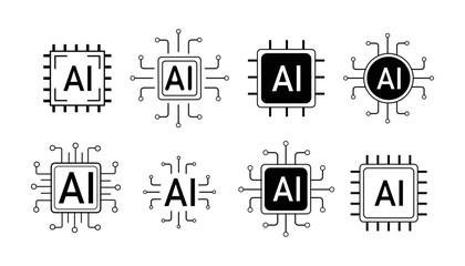 AI circuit board line icon, simple Electric processor chip, Artificial intelligence AI processor. CPU future tech symbol.