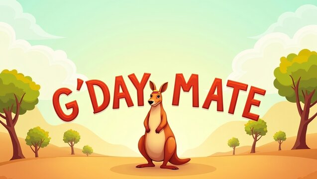 kangaroo in front of the text G'Day Mate kangaroo is wearing a hat cartoon illustration art