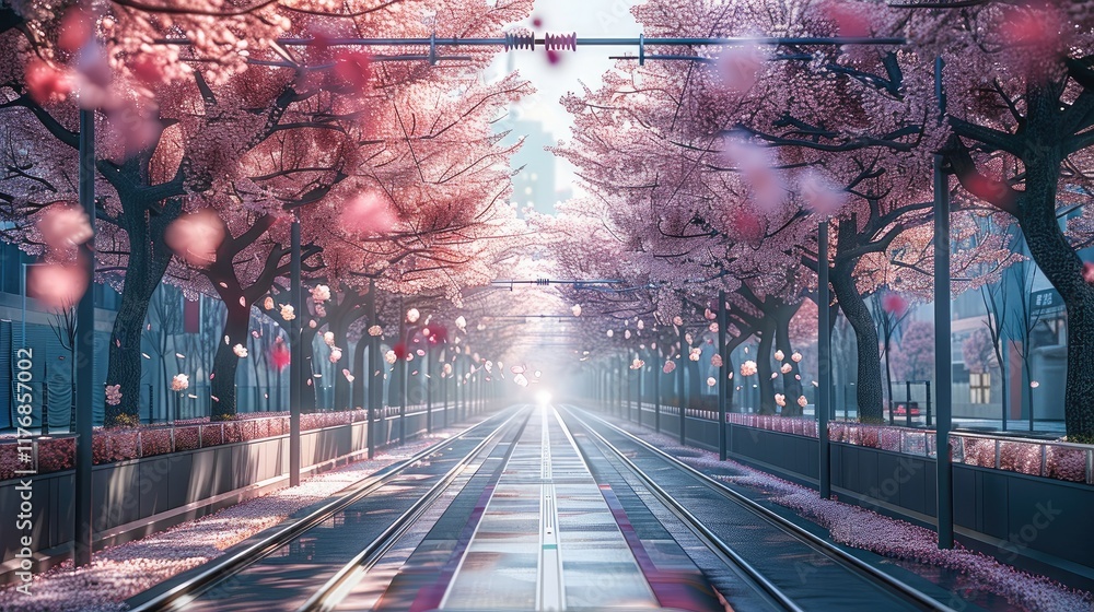 Poster modern subway in the middle, two rows of cherry blossom trees on the road, spring of falling cherry 