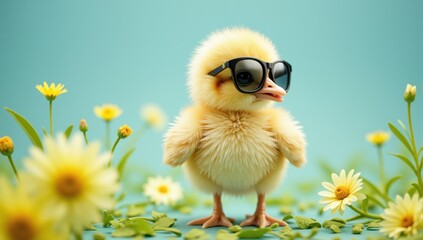 Cute baby chick wearing sunglasses in a flowery field
