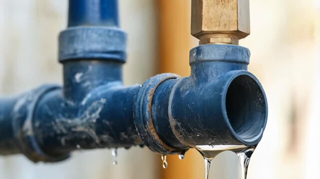 A blue pipe dripping water from its open end, with signs of wear and weathered texture