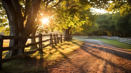 Warm sunlight filters through trees along a serene country path. Generative AI