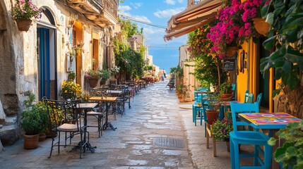 Fototapeta premium Sunny cobblestone street with colorful cafes and flowers.