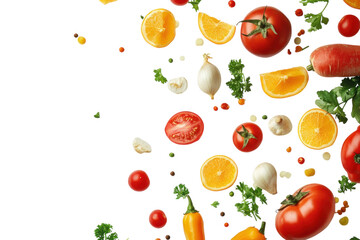 Fresh fruits and vegetables scattered on a bright background creating a vibrant and healthy display for cooking
