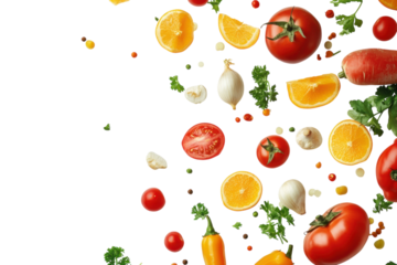 Fresh fruits and vegetables scattered on a bright background creating a vibrant and healthy display for cooking