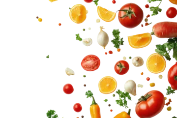 Fotobehang Fresh fruits and vegetables scattered on a bright background creating a vibrant and healthy display for cooking © Khadija
