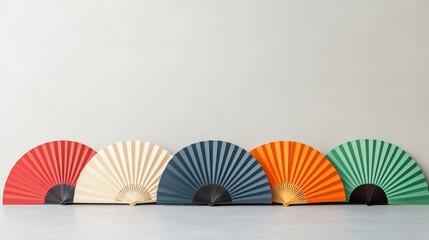 Colorful Paper Fans Displayed Against a Neutral Background