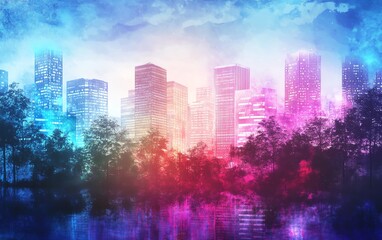 Obraz premium Vibrant cityscape at twilight, bathed in neon hues. Modern skyscrapers rise above a surreal forest, creating a dreamy, futuristic atmosphere.