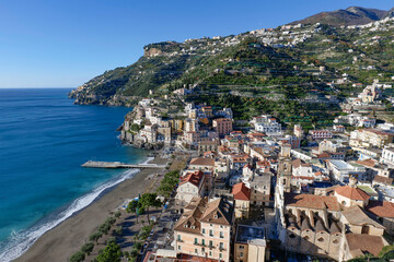 View of Minori, a town on the Amalfi Coast in the province of Salerno, Italy.