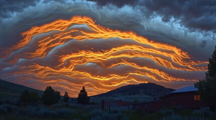 Fototapeta premium Dramatic undulating clouds at sunset over rural landscape with fiery sky