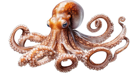 Octopus Close-Up: A mesmerizing portrait of an octopus, with its eight sinuous arms, large expressive eyes, and distinctive brown and white patterns.