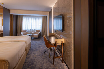 Hotel room interior, work table area