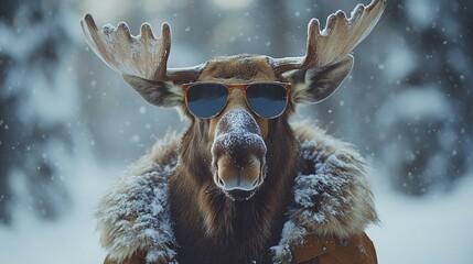 Obraz premium Moose Wearing Sunglasses in the Snow 