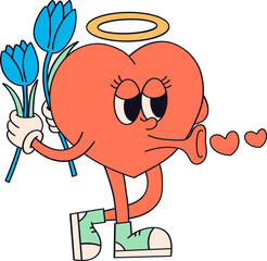 Groovy Heart Character Blowing a Kiss with Hidden Flower Doodle Retro