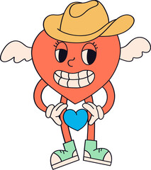 Groovy Cowboy Hat Heart Character Doodle Retro