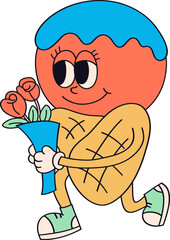 Groovy Ice Cream Character Kneeling with Bouquet Doodle Retro