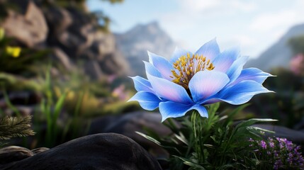 A vibrant blue flower blooming in a natural landscape.