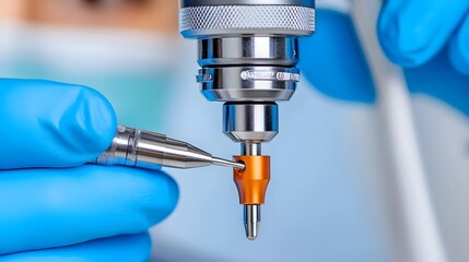 Close-Up of a Hand Holding a Precision Tool in a Laboratory or Clinic Setting with Focus on the Metal Component