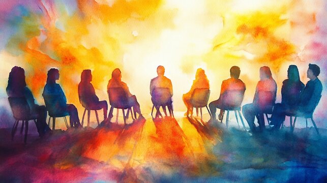 Silhouetted figures in chairs facing a bright, colorful sunset.