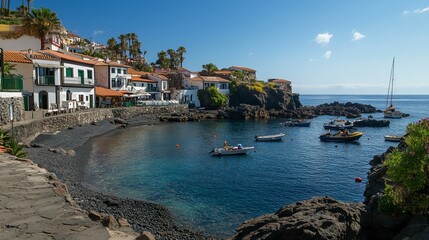 Picturesque coastal village with black sand beach, boats, and clear blue water under sunny sky.