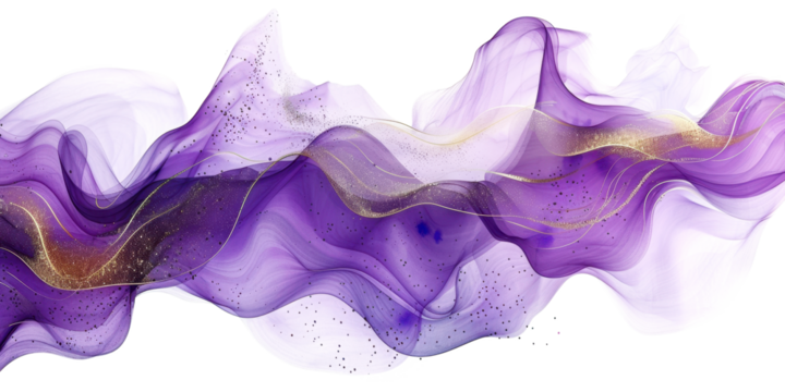 purple wavy watercolor with golden lines particles isolated on white or transparent png