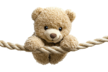 Soft teddy bear clinging to a rope in a bright and cheerful environment